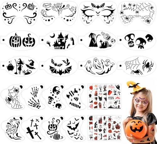 SRIZIAN 20 Stück Gesichtsfarbe Schablonen, Halloween Temporäre Tattoo für Kinder, Auge Tattoo Schablonen Körperfarbe Schablonen für Kinder Party Urlaub Halloween Make up