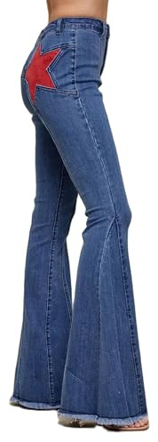 FeMereina Star Patchwork Bell Bottom Jeans for Women Mid Waist Bootcut Flare Jeans Stretch Straight Leg Skinny Denim Pants (Blue, S)