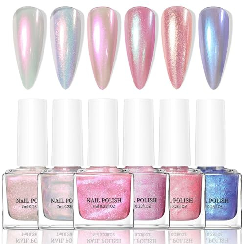 DMQ Pearl Nail Polish Set, 6 Colors Aurora Glitter Pink Nail Varnish Kit, Quick Dry Blue Shimmer Holographic Iridescent Mermaid Fingernail Polish Gel for Women Girls DIY Manicure Home - No Need Bake