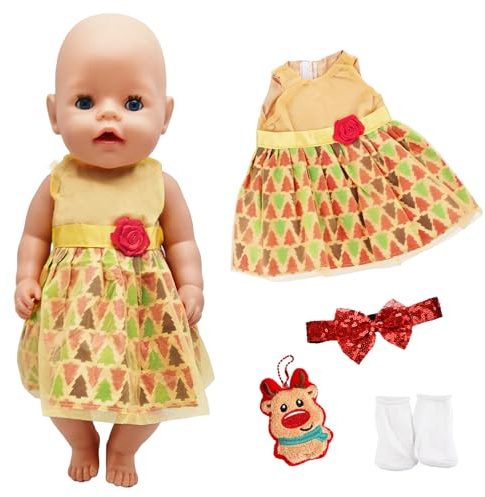 4 Stück Puppenkleidung für 14-18 Zoll Puppen, 30-45cm Weihnachten Adventskalender Puppenkleider Outfit Puppenkleider Zubehör mit Gazerock Schleifen Haarband Elch-Anhänger Socken Geschenk