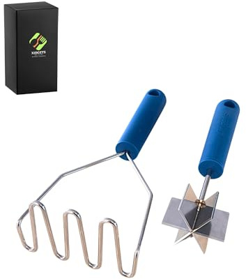 Stainless Steel Meat Masher & Potato Masher Set – Heavy Duty Ground Beef Chopper, Tenderizer & Classic Masher with Soft Grip Handles – Durable Multi-Purpose Kitchen Tool Set (Lagoon Blue/Lagoon Blue)