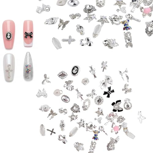 50 Pezzi Ciondoli per Unghie Argento, Strass in lega decorazioni unghie 3d, charm unghie Include Fiocchi a forma di cuore croci e altro, Stili mischiati casualmente
