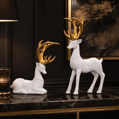 Marco Paul Set of 2 Reindeer Ornaments White Cement Deer Statues with Removable Magnetic Gold Antlers, Standing & Sitting Stag Figurines, Luxury Home Decor Sculptures for Living Room, Dad Gift Idea