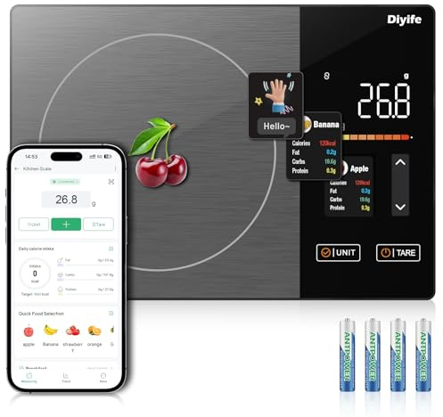 Diyife Smart Küchenwaage mit Kalorienzähler, Farbigem TFT-Display Lebensmittelwaage, APP-Kompatibel & Bluetooth, 50 Lebensmitteldatenbank, Nährwertverfolgung & -Analyse