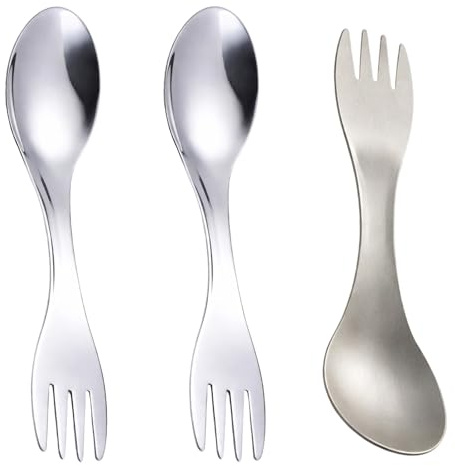 Spork, 3 Stück 2 In 1 Kombibesteck Set, 1x Titan Göffel + 2x Edelstahl Göffel, camping besteck, klapplöffel, klapplöffel Leicht Und Robust Für Outdoor, Reise, Büro Und Alltag