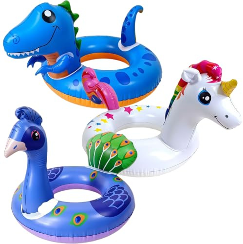 Inflatable Swimming Rings 65cm 3 Pack,Dinosaur Peacock Unicorn Pool Floats for Kids, Animal Swim Ring Rubber Rings, Beach Paddling Pool Summer Toys