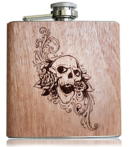 Flasque avec revêtement en bois - Gravure tête de mort et fleurs - 177 ml