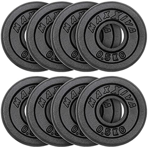 MAXXIVA Hantelscheiben 8er Set Gewichtsplatte je 0,5 kg Gusseisen schwarz 4 kg Fitness Krafttraining Bodybuilding Workout Gewichtheben Reha-Sport