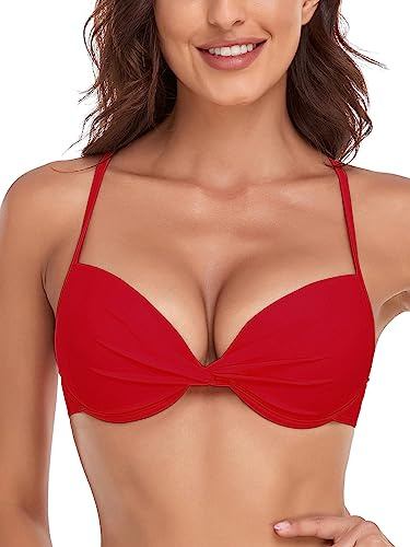 RELLECIGA Women's Push Up Bikini Top Twist Front Underwire Bathing Suit (Medium, Red, m)