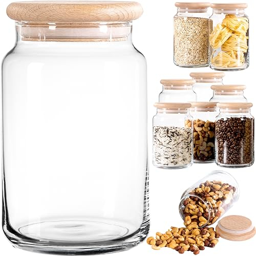 GIESSLE® 10 Stück große Vorratsgläser mit Holzdeckel [aus VOLLHOLZ ohne Leim] 800ml Vorratsdosen Set aus Glas