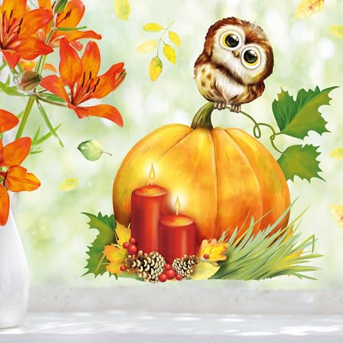 Wandtattoo Loft Fensterbild Herbst Mit Eule und Kürbis Motiv, A4 Bogen, Herbstdeko Kinderzimmer, Herbstbilder, Fensterbild Kinder, Herbstblätter, Fensterfolie Halloween