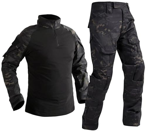Czen Camisa de Combate Militar Hombre, Uniforme TáCtico, Camisas de Manga Larga Pantalones Trajes Camisa Airsoft Bdu Traje de Camuflaje de Paintball (BlackCp, S)