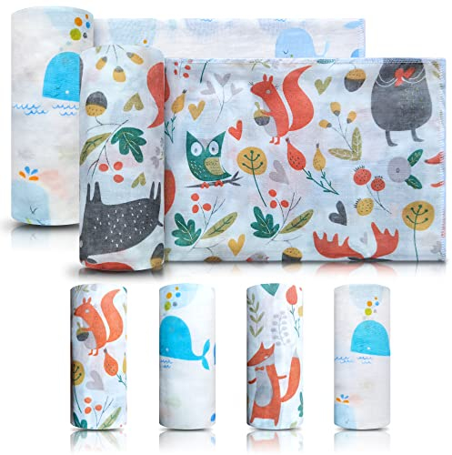 Babytücher aus Stoff aus 100% Baumwolle mit Tier-Motiven bunt 6 Stück, als Waschlappen, Spucktuch, Musselintuch, Mullwindel/Stoffwindel, Pucktuch/Puckdecke, Set mit 2 St. 60x80 cm + 4 St. 20x25 cm
