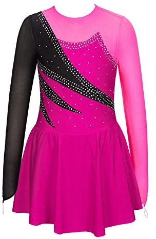 Manyakai Eiskunstlauf Kleider Mädchen Langarm Strass Glitzer Ballettanzug Ballett Body Mit Rock Patchwork Tanzkleid Lyrisch Contemporary Wettbewerb Kostüm Helllila 116
