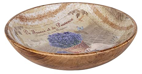 SIGNES GRIMALT Grand Plateau rond en Bois de Manguier : Thème Lavande de Provence. Diamètre 30 cm.