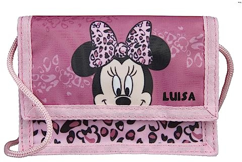 Geldbeutel Disney Minnie Mouse mit Name | Geldbörse zum Umhängen Mädchen | personalisierbares Portemonnaie Brustbeutel Kinder in rosa in Leo Optik mit Sichtfenster für Busausweis