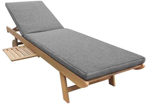 Happy Garden Klappbare Sonnenliege aus Akazienholz KANAWA mit ausziehbarem Tisch - graues Kissen