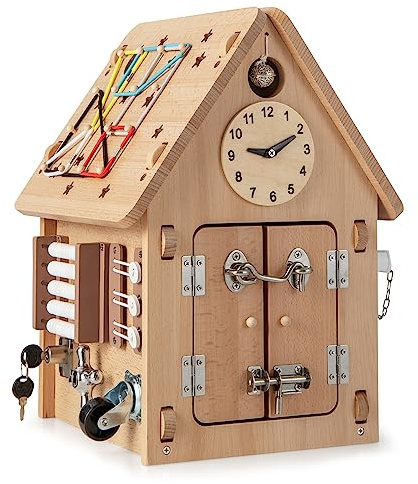 COSTWAY Casa de Juguetes de Madera, Casita de Actividades Multiusos con Juegos Sensoriales y Espacio de Almacenamiento Interior, Juguete Educativo para Niños y Niñas a Partir de 3 Años