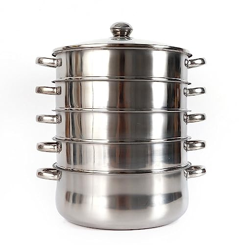 5 Etagen Dampfkocher Mantovarka Gardampfkochtopf Set Edelstahl Kochgeschirr mit Edelstahldeckel Suppentopf Bio Dampfgarer Heim Küchenherd für Induktionsherd,Silber