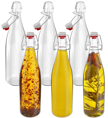 HEFTMAN Glass Bottles with Stoppers - 500ml 6 Pack Clear Swing Top Bottles for Beer Brewing with Airtight Stoppers for Wine, Condiments, Beverages, Oil, Vinegar, Kombucha & Water - 6 PCS (500ml)