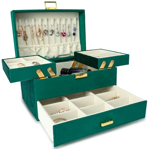 Dajasan Boite a Bijoux Femme, Boîte à Bijoux, 3 Couches Boite Bijoux avec Support Métallique Mobile, Velours Coffret Bijoux pour Coiffeuse, Gain de Place, Idée Cadeau pour Femme, Fille (Vert)