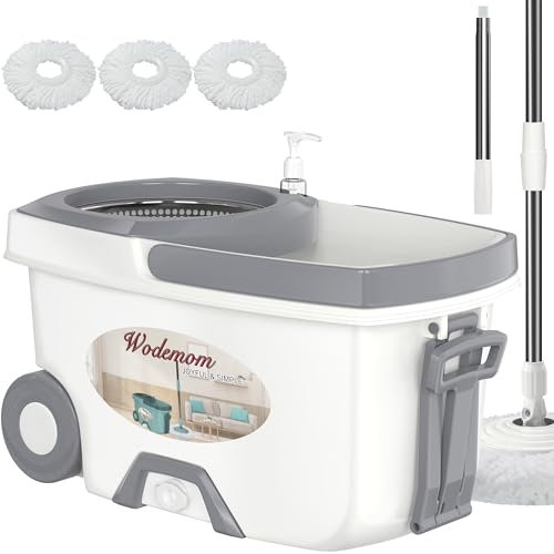 Mopa y cubo con juego de escurridor, sistema de fregona giratoria y cubo, fregonas para limpieza de suelos, herramientas de suministros para el hogar con 3 recambios de repuesto, mango extendido de 61