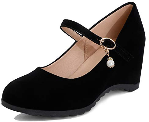 Diuniarza Keilabsatz Mary Jane Wildleder Damen Knöchelriemchen Pumps Retro Klassisches Abendschuhe Runde Zehen Schwarz Gr 36 EU