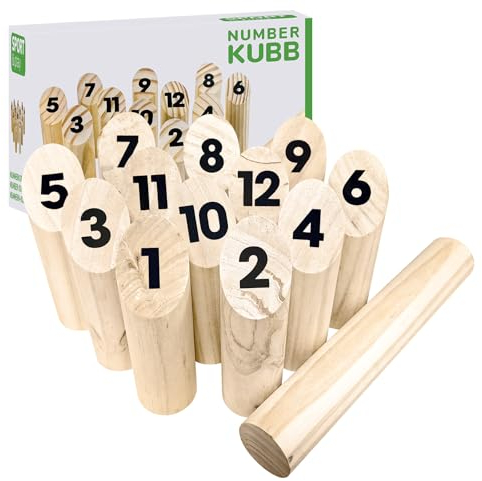 ALEENFOON Kubb Wikingerspiel Zahlen Holz Wikingerschach Kubb Wurfspiel mit 12 Holznummer und 1 Wurfzylinder Holzwurfspiel Indoor Garten Outdoor Mölkky Wikingerspiel für Kinder, Erwachsene