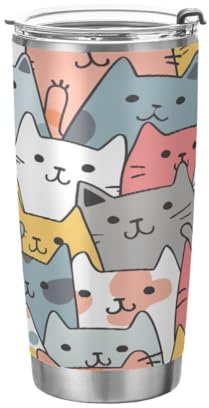 JUMBEAR Vaso de 20 onzas, lindo gato de dibujos animados, acero inoxidable, aislado al vacío, taza de café y agua, doble pared con recubrimiento en polvo, a prueba de derrames, taza térmica para el