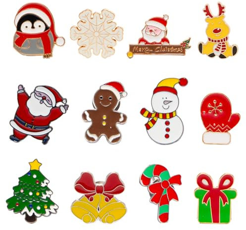 Neikafan 12 Stück Weihnachtsbrosche Set Weihnachtsserie Pins Anstecker Emaille Pin Schneemann,Kleine Bär,Weihnachtsbaum,Weihnachtsmann,Rentier Tasche Jacke Schmuck DIY Zubehör zum Thema Weihnachten