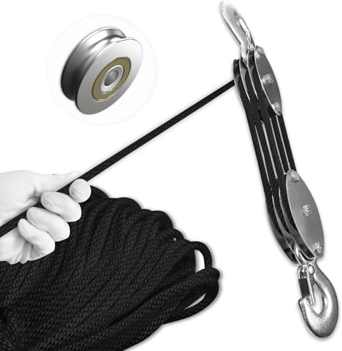 SALIFTFE Block and Tackle Pulley System - Upgraded 3 Wheel Rope Hoist, 5:1 Lifting Power, 500kg Workload with 5/8 Rope, Ultra Compact Garage Rope Hoist