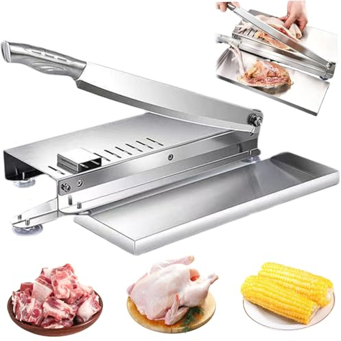 Cortador de huesos, cortadora de carne manual de acero inoxidable con escala y bandeja de alimentos, cortador de carne que salva el parto con mango sin deslizamiento y taza de succión para cocina, co