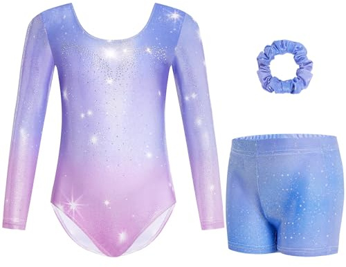 Gogokids Girls Three-Piece Gymnastics Leotards, Long Sleeve Gymnastics Set with Shorts and Hairband, Sparkling Ballet Dancing Unitards - Gymnastics Outfit with Gradient Color Design for 5-6 Years