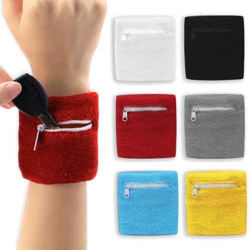 Roucerlin 6-teiliges Handgelenk-Geldbörsen-Set, kleine Schweißbänder mit Reißverschlusstasche, tragbare Handgelenktasche für Damen und Herren, Aufbewahrung von Schlüssel, Bargeld, Ausweis, Sport,