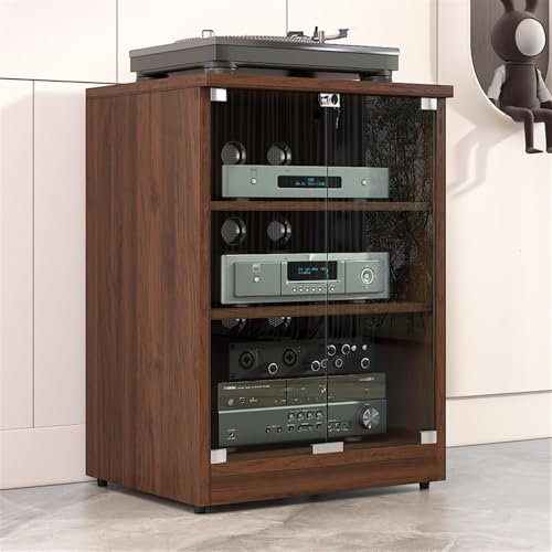 MJMLUCK Medienständer mit Tür aus gehärtetem Glas, modernes Sound-Rack mit verstellbarem Regal, Soundschrank aus Massivholz, geeignet für Spielekonsolen und DVD-Player (schwarz, groß) (braun, groß)