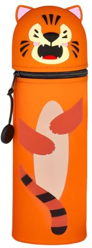 GDFJBG 2-in-1 Silikon Federmäppchen, Kawaii,Tischstifthalter Federtasche Tischstifthalter, Reißverschluss, Silikon, Stiftetasche Buntstifte Marker (Tiger)