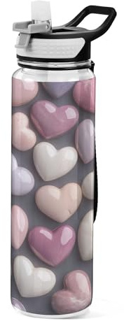 Kigai Transparent Sports Water Bottle 32oz, Valentine Stone Hearts Leakproof Wide Mouth Water Bottle with Straw, BPA Free Water Jug with Detachable Strap & Handle for Fitness Gym Outdoor