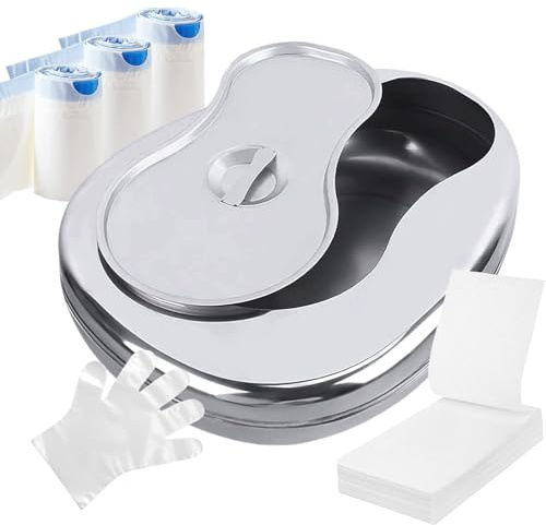 WOOLUCK® Bassin hygiénique en acier inoxydable, avec 60 Protège-bassins hygiéniques jetables et Protections absorbantes, Bassin de Lit avec couvercle