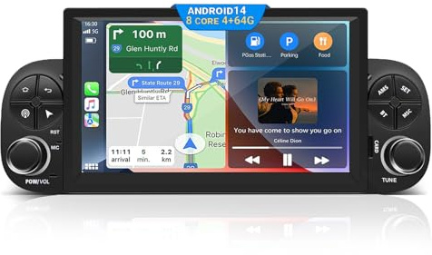 Android 14 Autoradio 1 DIN per Fiat Panda 2013-2020, DAB+ Integrato, Radio FM/AM RDS, Wireless CarPlay e Android Auto, Navi GPS 4G, Mirror Link, Telecamera Posteriore, Comandi al Volante