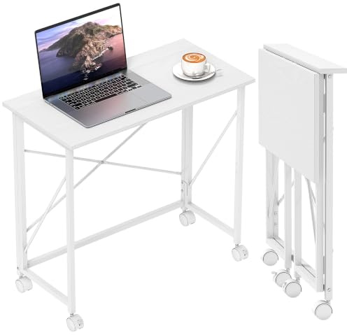 HOMCOM Kleiner Klappschreibtisch 80 cm auf Rollen für kleinen Raum weiß | Faltbarer Computertisch, einfache Montage, platzsparender Schreibtisch, Heimbüro, Schlafzimmer