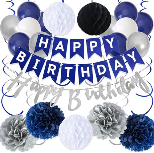 Geburtstag Deko Girlande Ballons Set, Blau Silber Dekoration Papier Pompons | Papier Geburtstagsdekorationen, geeignet für Mann- und Fraugeburtstage, für den Innen- und Außenbereich