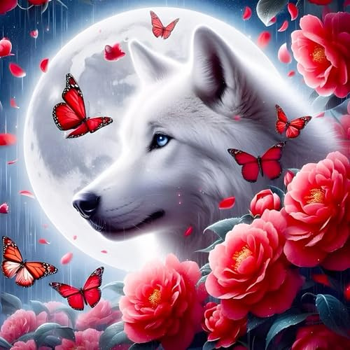 QINRUBB DIY Weißer Wolf Diamond Painting Erwachsene, 5D Blumen Schmetterling Diamant Painting Bilder Anfänger, Runder Vollbohrer Mond Diamant Kunst Kits Kreuzstich Geschenke Home Wand Dekor 30x30 cm