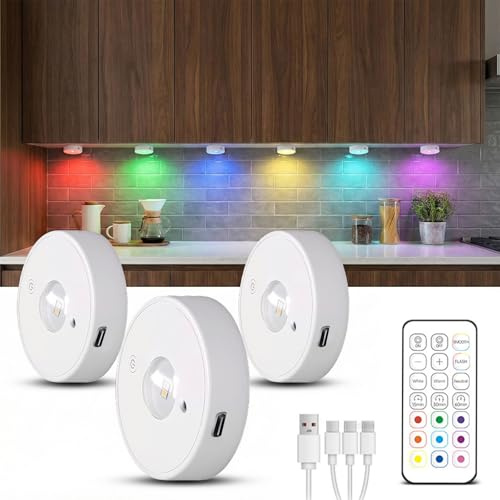 Tomshine 3er Set LED Schrankbeleuchtung, USB-aufladbare Kabellose Vitrinenbeleuchtung, mit Fernbedienung RGB Farbwechsel, Dimmbare LED Spots mit Timer, Magnetische Runde Indirekte Beleuchtung