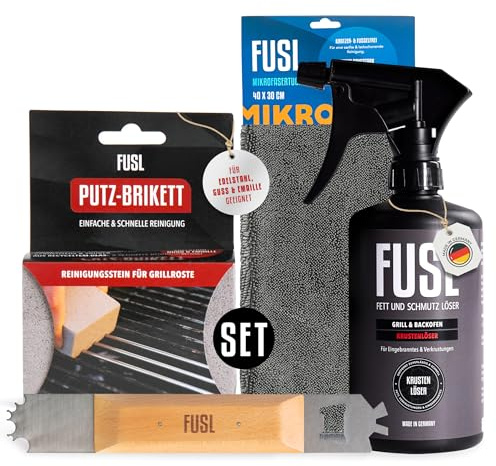 FUSL Grillrost Reiniger Komplett Set - mit Grillschaber, Krustenlöser, Putz-Brikett, Mikrofasertuch - gegen hartnäckigste Verschmutzung - für alle Grillroste (Guss, Edelstahl, Emaille)