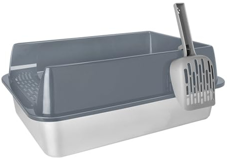 Katzenklo Edelstahl XL, Große Kapazität Katzentoilette Edelstahl mit hohem Rand, Geruchsresistent Katzenklo Groß mit Katzenstreuschaufel und Anti-Rutsch Matte (Grau, 50x35x24cm, XL)