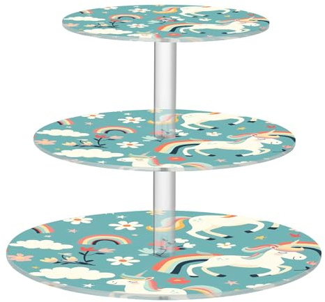 Joitme Cartoon Unicorns Rainbows Flowers Blue 3 Tier Cupcake Stand Tea Party Cup Cake Tower Display Cute Birthday Wedding Serving Tray Desert Table Display Cake Food Cupcakes