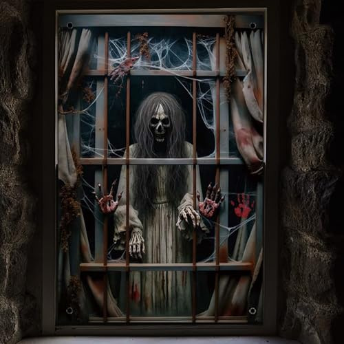 Halloween Terror Decoración Ventanas Casa, Miedo Adornos Halloween, Terror Adornos de Ventana, Miedo Aterradoras Ventana para Puerta Exterior Pared Casa 80 x 120 cm