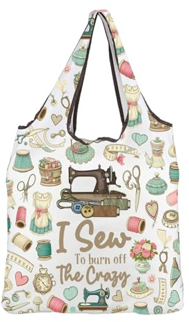 MEIKIUP Funny Sewing Reusable Tote Bag for Women Craft Lover Gift Cute Sewer Heavy Duty Foldable Shopping Bag for Grocery Travel