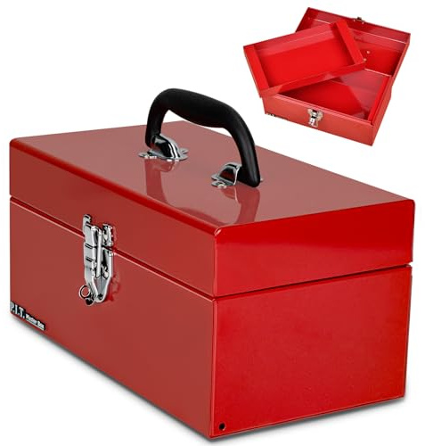 P.I.T. Small Metal Tool Box with Handle Latch for Tools Storage,Red | 30.5 cm Length,Heavy Duty Thicken Steel Material,Removable Tray,Shiny Surface