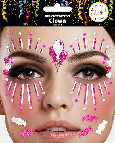 Trendandstylez Glitzer Gesichtstattoo Set – 30 Designs | Face Tattoo | Dermatologisch getestet | Karneval, Festival, Halloween, Fasching & Party Make Up Aufkleber (Clown Pink)